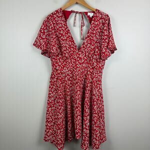 Socialite Mini Dress Womens Large Red White Floral‎ Ditsy Cutout V-Neck Bohemian